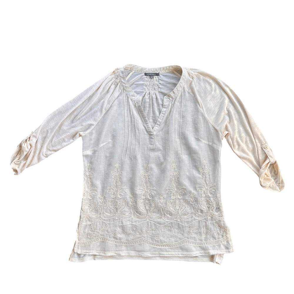 Retro-ology Embroidered Boho Blouse Womens Large Ivory Excellent Roll Tab Sleeve